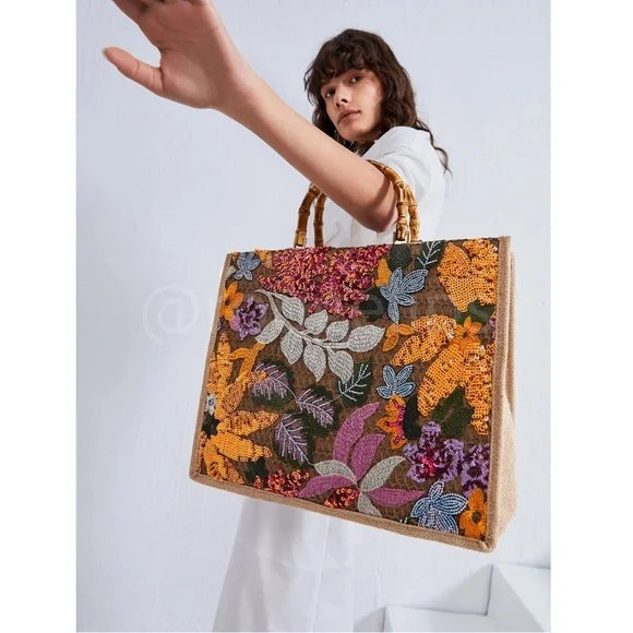 Sequined Floral Decorated Straw Tote Bag Bamboo Handle Embroidered - Picture 6 of 11